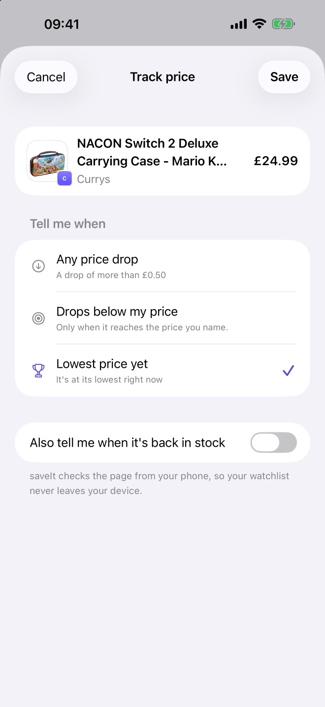 The Track price form: any price drop, drops below my price, or lowest price yet, and a switch to hear when it's back in stock.
