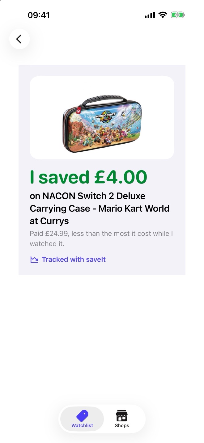 A savings card reading 'I saved £4.00', with the price paid against the most it cost while it was watched.